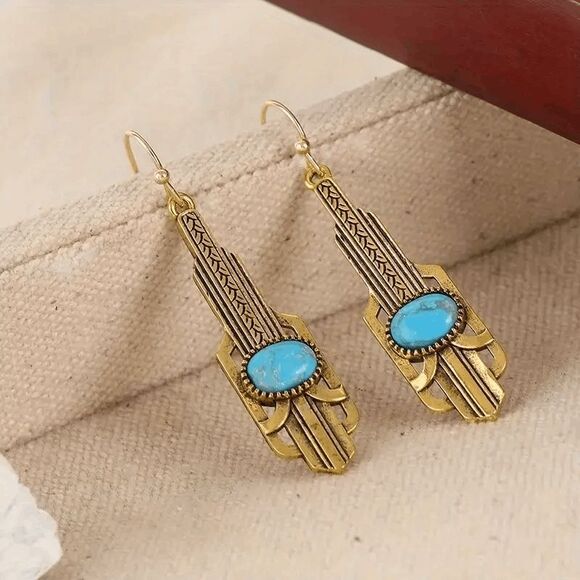 Boho Western Geometric Turquoise Dangle Earrings - Picture 3 of 6